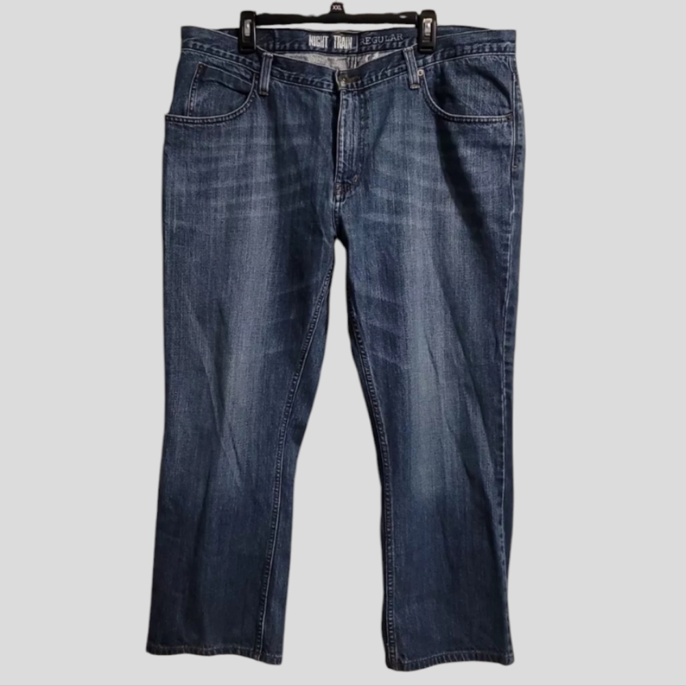 Free World Men's Regular Jeans Sz 40 Blue Night Train Distressed Straight Leg